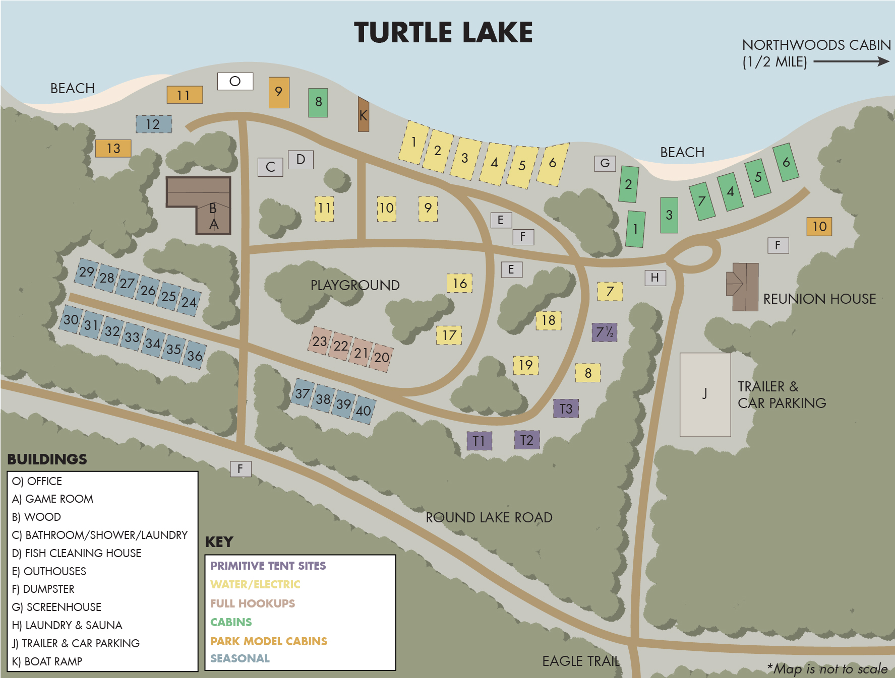 Map of Camp Holiday; beaches, play ground, sites, cabins and buildings